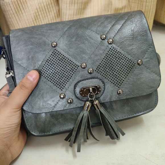 Boho Grey Green Sling Purse/ Wallet with metal studs and tassles - Picture 3 of 7